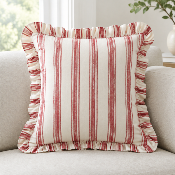 Block Printed Striped Ruffled Pillow Cover - Red Stripe